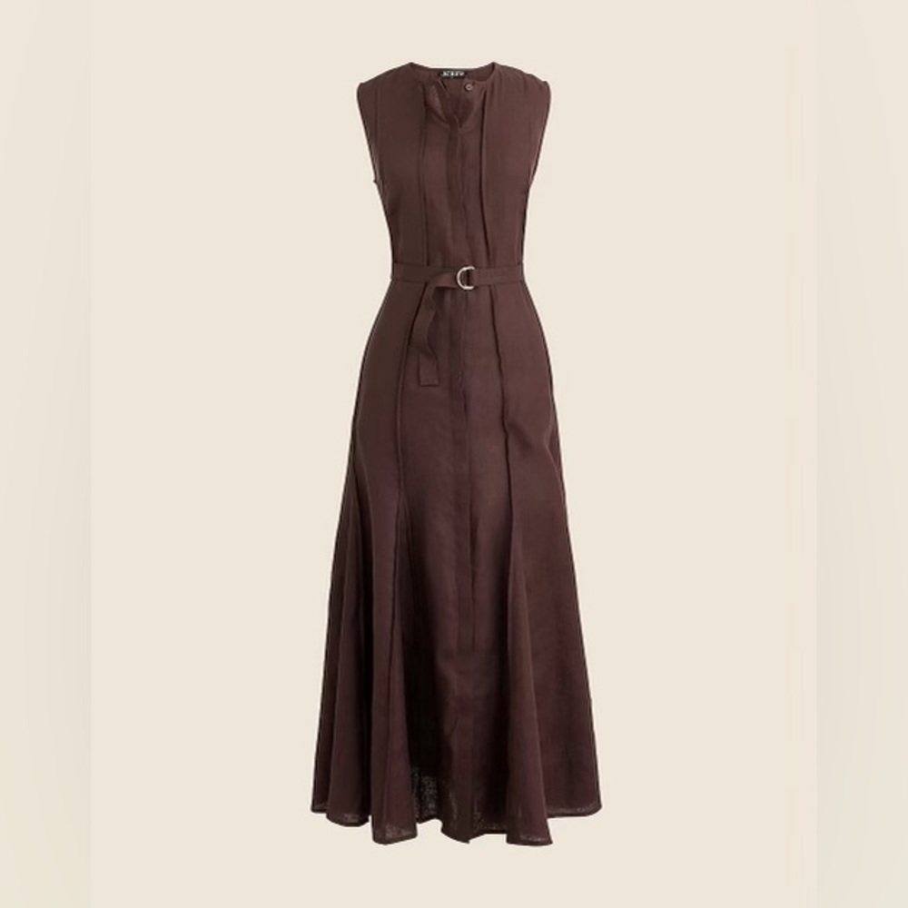 J. CREW Dress Women’s Large 100% Linen Seamed Linen Dress Chocolate BROWN Midi